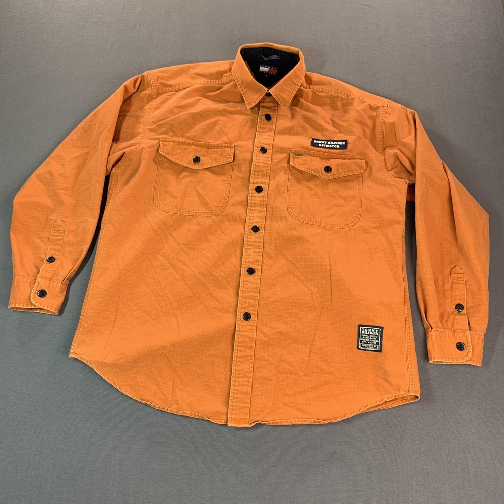 Tommy Hilfiger Shirt Mens Medium Orange Navigator Naval Military Long Sleeve - Picture 2 of 16